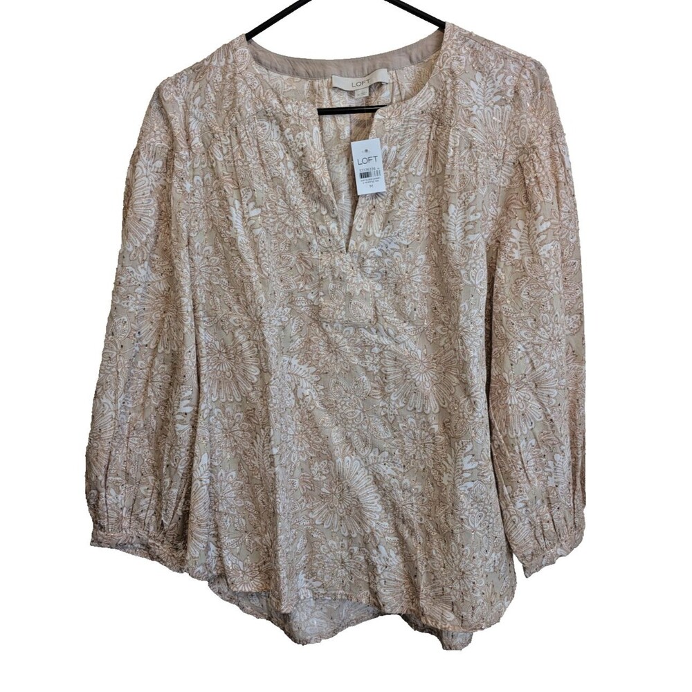 LOFT Top Floral Split Neck Pullover Cotton Pleating Boho Preppy Medium